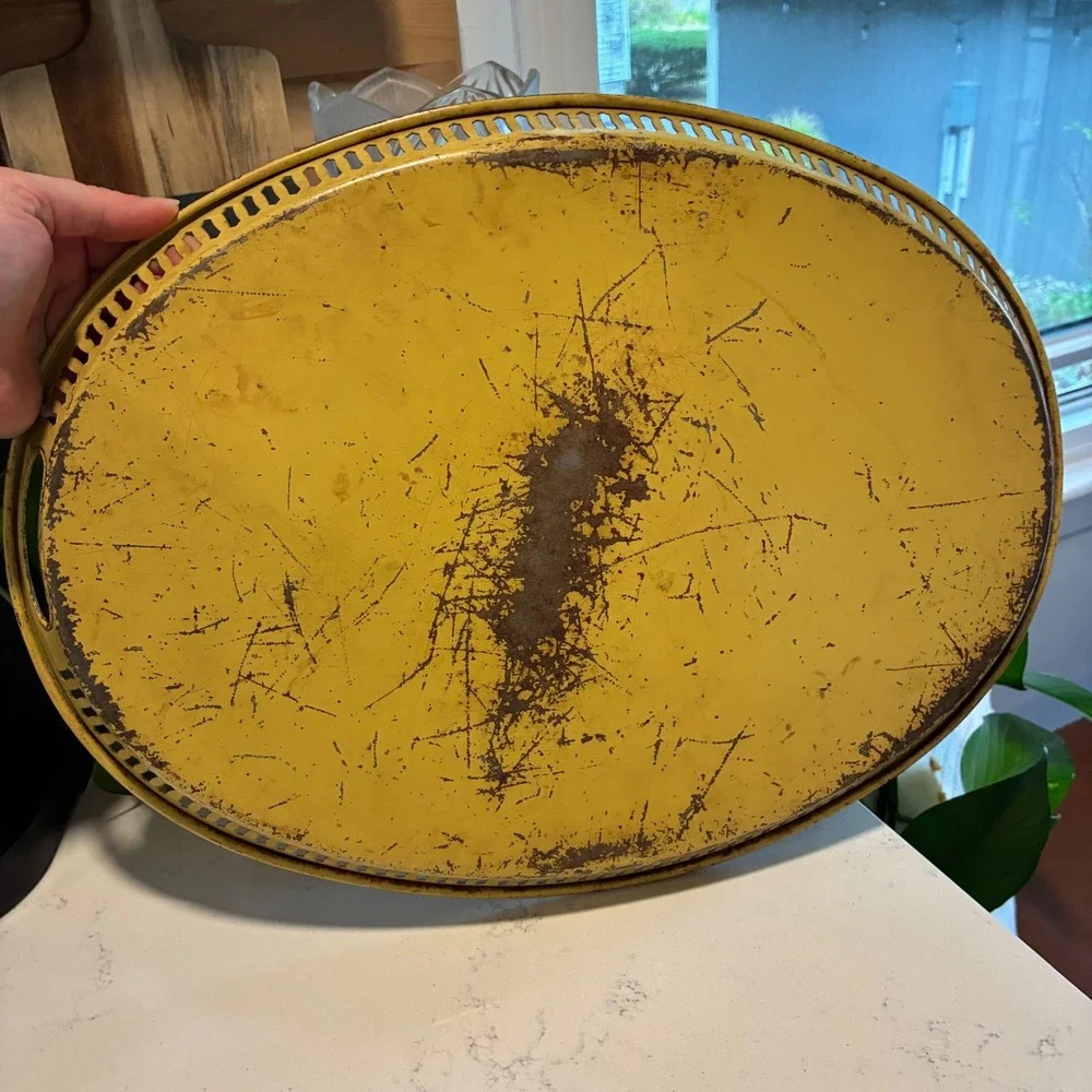 Vtg Toleware Serving Tray Hand Painted Farmhouse Cottage Mid Cent French Country